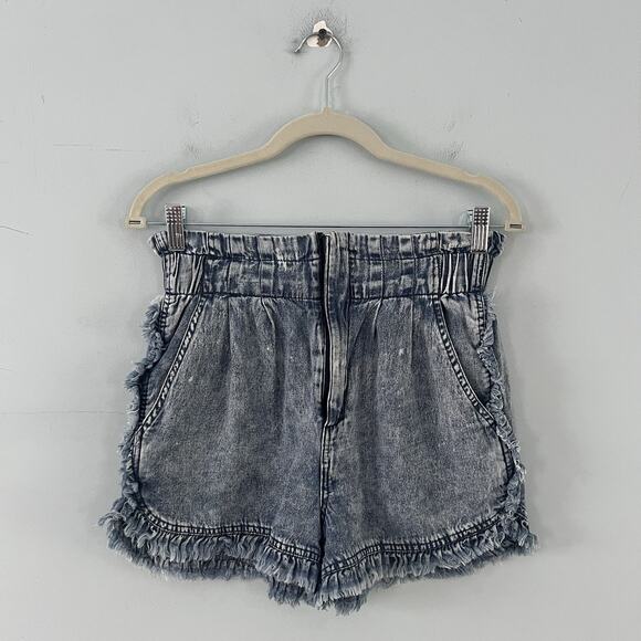 Tgla Paper Bag High Rise Acid Wash Frayed Hem Cotton Jean Shorts - Picture 2 of 6